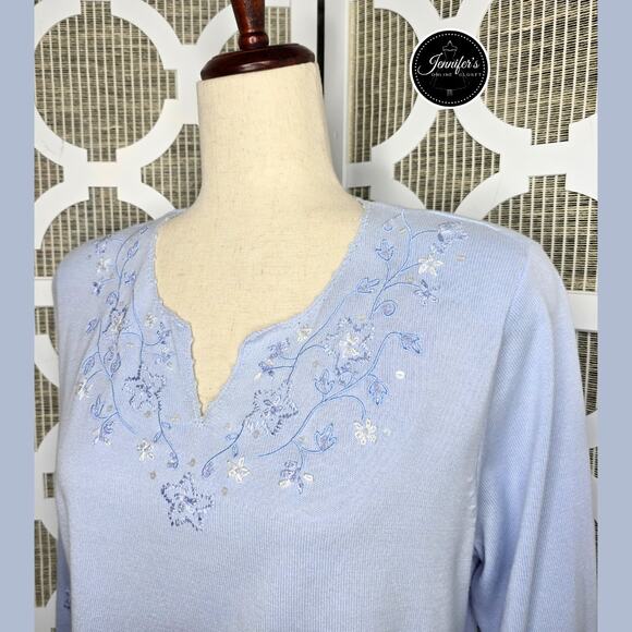 Christopher & Banks Light Blue Embroidered and Beaded 3/4 Sleeve Sweater Size S - Picture 2 of 12